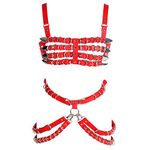 JMMHSS Women's Leather Body Harness Lingerie Full Caged Garter Belts Set Strap Hollow Out Bra Punk Goth Halloween Rave Wear (Red)