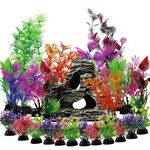 QUOZUO 25pcs Aquarium Decorations Plants with Rockery View, Aquarium Decor Plastic Plants and Rock Cave Hideout Ornaments, Fish Tank Accessories Plants for aquariums