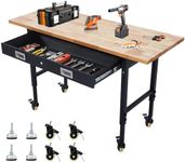 GarveeTech 60" Workbench with Drawer Storage, Rubber Wood Top Workbench Adjustable Heavy Duty, Rolling Worktable with Power Outlet & Wheels, 2000 Lb Capacity Hardwood Workstation for Garage, Workshop