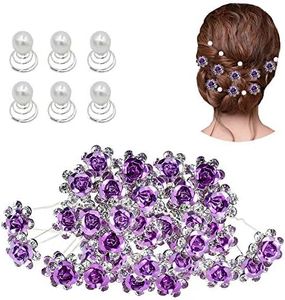 inSowni 40pcs Bridal Wedding Rhinestone Rose Flower U-shaped Hair Pins & 6pcs Twist Pearl Hairpins Headpiece Set in Gift Box for Women Girls Bridesmaid (Purple Set)