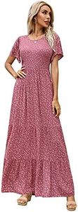 Kranda Women's 2023 Summer Round Neck Short Flutter Sleeve Smocked Ruffle Floral Maxi Dress, Dusty Rose, Large