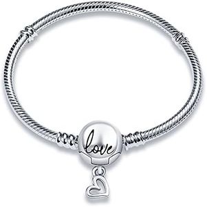 KUNSIR 925 Sterling Silver Snake Chain Bracelet with Love Round Buckle Charm Bracelets for Women Teen