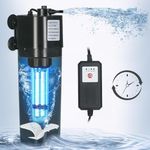 TARARIUM Internal Aquarium Filter w/Cycle Timer U-V Light for 40-75 Gal. Large Fish Tank, Swirl Turbo Design Whisper Water Pump Air Pump Green Clean Machine Submersible Algal Killing 4 in 1 (211GPH)