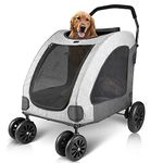 Petbobi Dog Stroller for Large Dogs, Breathable Space, Waterproof Oxford Cloth & Storage Bag, Detachable Folding, Lightweight 4 Rubber Wheel Pet 2 Medium Dogs Up to 120lbs, Grey