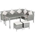 Outsunny 5 Pieces Wicker Patio Dining Set with Cushions, PE Rattan Corner Sofa Set Outdoor Conversation Furniture Set with Wood-Like Slat Top Dining Table, 2 Ottomans, Beige