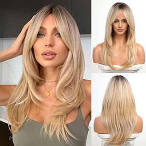 HAIRCUBE Tenda Bangs Natura Parrucche a strati per le donne Advanced Hierarchical Hairstyle Fibra sintetica resistente al calore (radice scura ombre biondo chiaro)