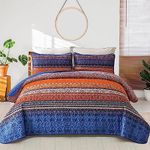 Bohemian Bedspread King Size, 3 Pcs Boho Striped Quilted Bedspread, Soft Comforter Microfiber Coverlet Bedding Sets with Pollowcases (240x260cm, Orange, Blue)