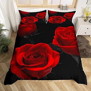 Feelyou Red Roses Bedding Set Luxury Rose Floral Duvet Cover Girls Women Couple Lover Romantic Flowers Comforter Cover Valentine's Day Bed Set Red Black Bedroom Decor 3Pcs Queen Size (No Comforter)