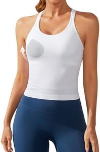 ATTRACO Ribflex Women's Seamless Workout Crop Top Ribbed Yoga Racerback Built in Bra Tank White S