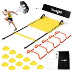 Yes4All Speed Agility Training Equipment Set - Adjustable 12 Rungs Agility Ladder, 1 Parachute, 5 Agility Hurdles, 12 Disc Cones with Carry Bag