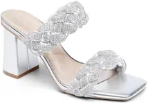 Syktkmx Womens Braided Heels Sandals Chunky Block Heel Double Strap Summer Dressy Sandal, Silver-grey, Size 9.5