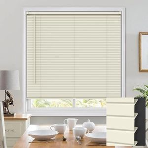 UNISHADES 100% Privacy Cordless Mini Blinds for Indoor Windows 1" Vinyl L-Shaped Blades Horizontal Blackout Shades, Pull Down Small Window Blinds for Home Kitchen, for Window 58" W × 64" H Beige