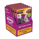 whiskas Wet Food For Adult Cats (+1 Years), Chicken In Gravy Flavour, 6 Pouches (6 X 85G), 1 Count