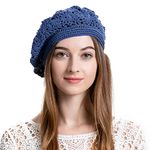 ZLYC Women Knit Beret Handmade Crochet Cutout Hat Lightweight Slouchy Autumn Hat (Plain Navy),One Size