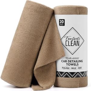 Fantasticlean Microfiber Towels for Cars, Tear Away Car Detailing Cloth Roll, RV Boat Drying Polishing, Edgeless Plush, Coral Fleece, Ultra Absorbent, Scratch-Free, 14" x 14", 20 Pack (Tan)
