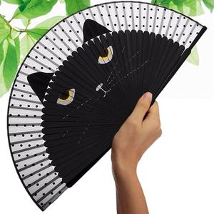 YARRD Black Cat Folding Fan – Hand Fans for Women Foldable Bamboo Handheld Silk Held, (BlCCat-1PC)