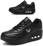 RUIDENG Rocker Bottom Shoes for Women Comfort | Women's Fashion Sneakers Whole Day Standing | Waterproof Leather Thick Sole All Black Size 9.5