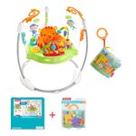 Fisher-Price - Bundle Pack- Jumperoo Baby Bouncer and Activity Center (CHM91) + Activity book (FGJ40). Activity Center with Lights Sounds and Music, Roarin’ Rainforest. Book attaches to stroller.