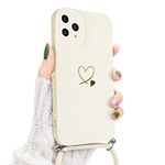 Newseego Lanyard Case Compatible for iPhone 11 Pro, Cute Gold Love Heart Pattern Women Girls Liquid Silicone Protective iPhone 11 Pro Case with Heart Side Frame Adjustable Neck Strap-White