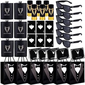 35 Pieces Groomsmen Gifts Set : 6 Pcs Tuxedo Flask 6 Pcs Bottle Opener 6 Pcs Groomsmen Gauge Glasses 6 Pcs Sunglasses 5 Pcs Card 6 Pcs Groomsmen Gift Bags for Wedding Bachelor Party (Multiple)