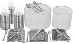 Prestee 600 Piece Silver Plastic Dinnerware Set (100 Guests), 100 Dinner Silver Plastic Plates, 100 Salad Silver Plates, 300 Silver Plastic Silverware, 100 Silver Plastic Cups, Disposable Party Pack