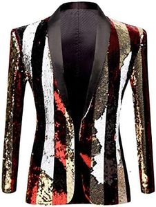 PYJTRL Men Stylish Two Color Conversion Shiny Sequins Blazer Suit Jacket (Stripe, XXL)