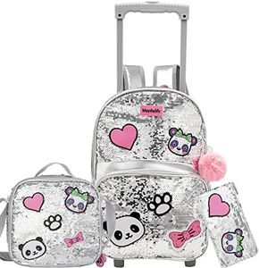 Meetbelify Girls Rolling Backpack Sequin Rolling Backpacks with Wheels for Girls for Elementary Preschool Cute Panda Roller Luggage with Lunch Box for 6-12 Girls