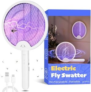 Foldable Electric Fly Swatter Racket, Portable 2 in 1 Bug Zapper Racket, Fly Killer and Mosquito Trap Lamp, USB Rechargeable with 1200mAh Battery for Indoor and Outdoor Home Backyard Patio Camping