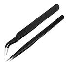 JOHNSON TOOLS Stainless Steel Straight and Curved Tips Tweezers/Forceps for Mobile, Gadget, Laptop and Jewelry Repair (Black) - Set of 2 Pieces