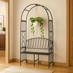 ecofynd 6.6 Feet High x 3 Feet Wide Garden Arch with 2-Seater Bench, Metal Arbor Trellis for Climbing Plant with Outdoor Garden Chair, Backdrop Stand for Wedding Lawn Backyard Party Decor (GC001-BLK)