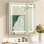 Janboe LED Medicine Cabinet,Bathroom Mirror Cabinet with Lights,24×28inch,Equip with Internal Light,Aluminum Construction,USB Shaver Socket,3 Color,Dimmer,Demister,Surface Mounted and Recess Mounted