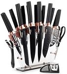 nuovva Professional Kitchen Knife Set with Block - Copper 17 Piece Knives Set with Steak Knives - Clear Acrylic Block High Carbon Stainless Steel Blades - with Knife Sharpener Peeler and Scissors