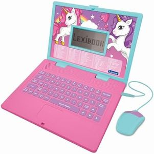 LEXIBOOK JC598UNIi1 Unicornio Educativo y Bilingüe Portátil Francés/Inglés Juguete para Niños con 124 Actividades para Aprender Matemáticas, Dactilografía, Lógica, Lectura Reloj, Jugar Juegos y