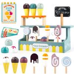 Madrechan Wooden Ice Cream Set, Ice Cream Toys for Kids, Ice Cream Counter with Ice Cream Scoop and Ice Lollies, Ice Cream Role Play Gift for 3 Year Old Girl (Ice Cream Counter)