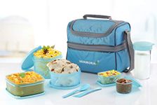 Varmora Classic Lunch Box (Tiffine) 5 Container,Sparkle Buddy 350ml, 1 Nos Spoon & Fork(Cyan Blue, Plastic)