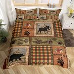 Rustic Lodge Bear Moose Deer Bedding Set Double,Countryside Rural Hunting Theme Comforter Cover for Men Boys Adults Bedroom,Retro Patchwork Buffalo Plaid Quilt Cover,Boho Tribal Cabin Duvet Cover