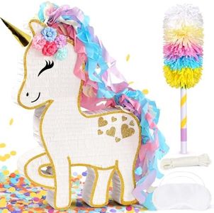 24" Large Rainbow Unicorn Piñata for Birthday Party, Large Magical White Unicorn Party Decorations with Gold Horn, Paper Mache Pinata for Candy Fillers, Pull String/Hit Game for Kids Girls Teens