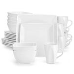 vancasso Soho Dinner Sets, Square Plates and Bowls Set for 6, 24-Piece Stoneware Crockery Set with 10in Dinner Plates, 8in Dessert Plate, 810ml Cereal Bowls and 340ml Mug, White