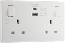 BG Electrical 822UAC Double Switched Fast Charging Power Socket with Type A and C USB Charging Ports, 13 A, White Moulded with Coloured Switch Tabs