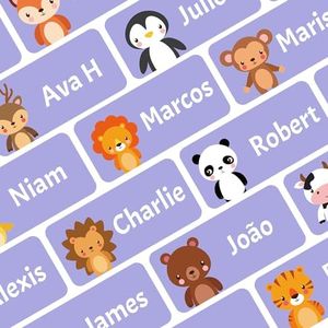 Ogelz Personalized Name Labels for Kids Custom Stcikers Washable for Clothes Smart Size 1.2”X0.5” Waterproof Self-Adhesive Labels for Daycare Toddlers School Kids Stuff Parents (Zoo Style Purple, 60)