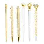 Flunyina Gold Ballpoint Pens 6Pcs Metal Crystal Diamond Fancy Pens Liquid Glitter Pens Crown Heart Confettei Pen Gold Dot Pretty Pens Slim Ballpoint Pens Girly Gold Ink for Home School Office