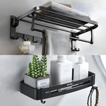 Plantex Aluminium Folding Towel Rack with Swivel Towel Rod/Bathroom Organizer/Towel Hanger with Hook/Bathroom Shelf for Wall/Bathroom Accessories – Combo (Black)