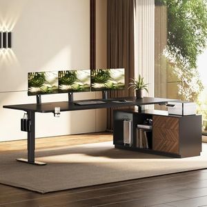 FLEXISPOT L Shaped Executive Standing Desk with Drawers, Large Electric Height Adjustable Desk, Sit Stand Desk for Home Office and Workstation, PC Cabinet (79"x32" Black)