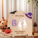 Personalized Baby First Halloween Keepsake, DIY Halloween Footprint Art,New Baby Ornament,Gift for Mom, Halloween Kid Craft, My Little Boo Ornament for Baby Shower Newborn with Wooden Base