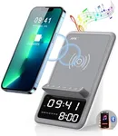 AFK Wireless Charging Station with Bluetooth Speaker and Alarm Clock,Wireless Charger Compatible with iPhone,Android Phones (Gray-White)