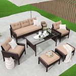 LOCCUS 6 Pieces Patio Furniture Set, Outdoor Sofa HDPE Wicker Conversation Set Ottomans with Cushions and Center Table for Porch Lawn Garden Backyard (Brown and Cream Color)