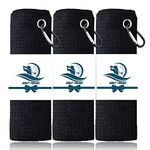 FINGER TEN 3 Pack Golf Towels Microfiber Waffle Pattern Tri-Fold 16“x16”with Heavy Duty Carabiner Clip, Golf Cleaning Towel Superior Water Absorption and Quick Dry for Men Women (Black)