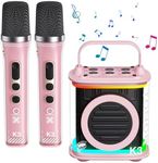 TONOR Mini Karaoke Machine with 2 Wireless Microphones, Portable Bluetooth Speaker for Kids Adults with Microfono Mic and Colorful LED Lights, Children Girls Boys Birthday Gift Home Singing Party Pink