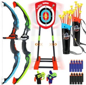 SportBob Arco y Flechas para Niños con Luces LED, Juego de Tiro con Arco con 2 Arcos, 1 Diana de Pie, 2 Pistolas de Flechas de Espuma, 20 Flechas y 2 Carcajs, Juguetes Regalos para 4-12 Niños Niñas