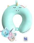 Travel Neck Pillow for Kids,Unicorn Memory Foam Pillow with Cute Eye Mask & Earplugs, Lightweight U-Shaped Travelling Pillow Set for Airplane, Car, Train, Bus and Home Use (Blue)